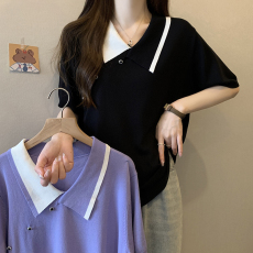 批发2026年夏季拼色V领冰丝针织衫上衣大码女装正肩显瘦短袖T恤