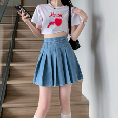 实拍现货牛仔半身裙2023短裙年夏季新款高腰显瘦百折A字短裙女