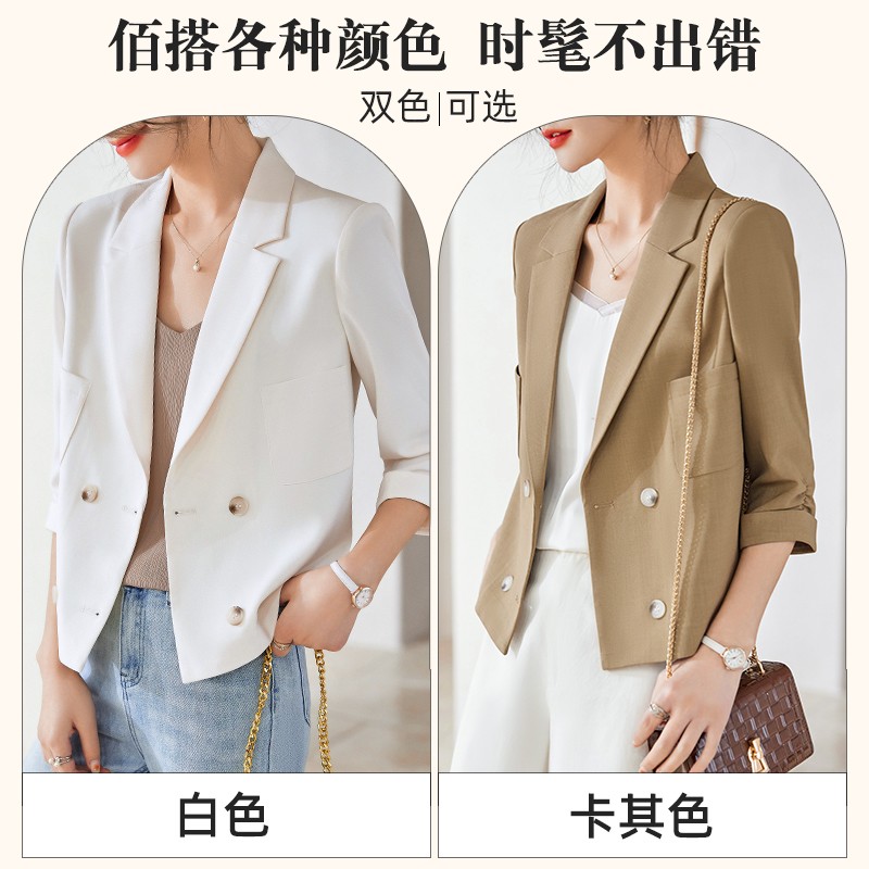 RY6317# 西装外套女夏季薄款七分袖短款小个子高级感开叉小西服上衣