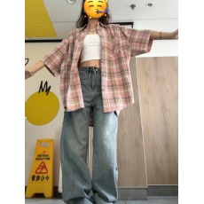 批发特价原版布料刺绣抖音质量撞色百搭宽松格子hiphop<b class='q'>衬衫</b>女