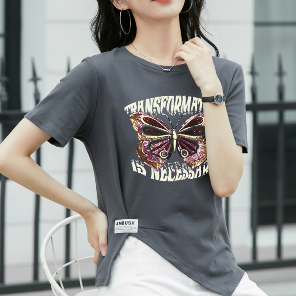 RM23836#纯棉正肩短袖t恤女夏季2023年新款不规则设计感印花显瘦上...
