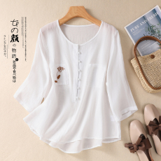 批发实拍2023新款复古圆领纯色苎麻刺绣上衣女夏半袖宽松文艺<b class='q'>T</b><b class='q'>血</b>女