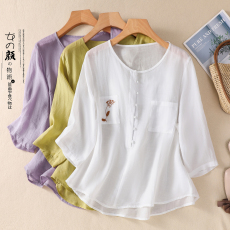 批发实拍2023新款复古圆领纯色苎麻刺绣上衣女夏半袖宽松文艺<b class='q'>T</b><b class='q'>血</b>女