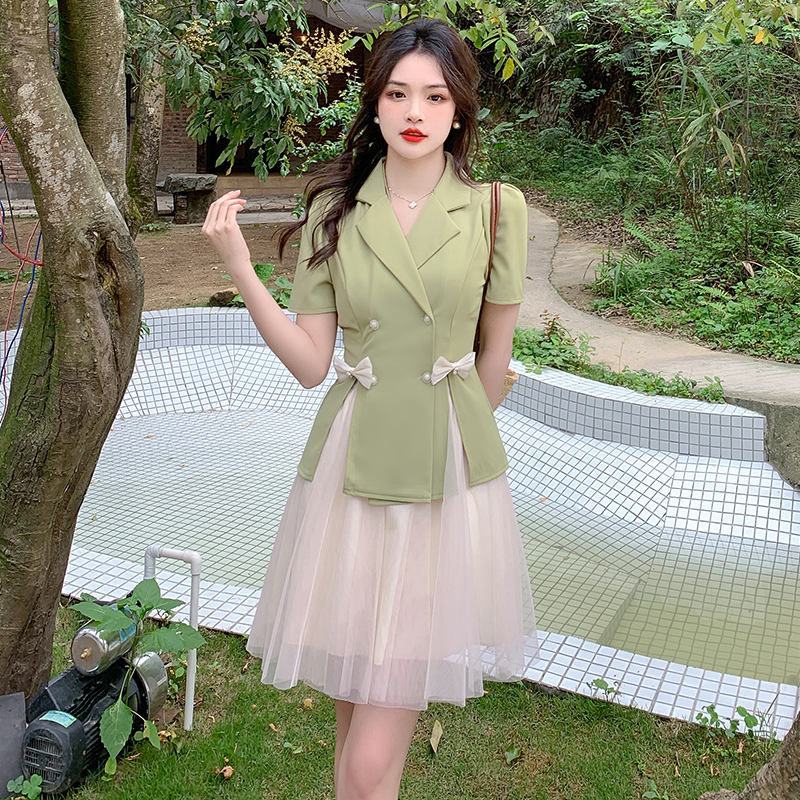 RY1871#夏季西装上衣设计感网纱蓬蓬裙时尚甜美减龄两件套套装