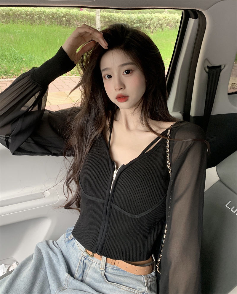 Real shot of temperament short chiffon spliced ​​long-sleeved sweater 2024 new fashion slim zipper shirt top