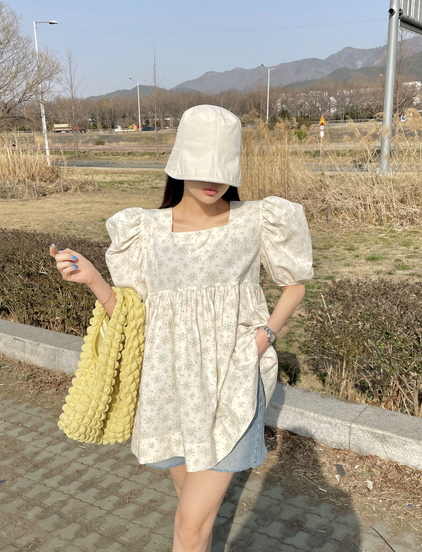 선적 ins 여름 새로운 꽃무늬 광장 칼라 반팔 셔츠 여성 드레스