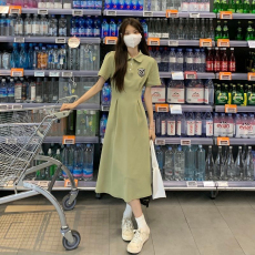 polo领T恤连衣裙女设计感小众夏季韩系温柔别致泡泡袖收腰长裙子