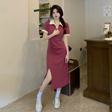 批发2026新款甜美撞色polo领<b class='q'>开叉</b><b class='q'>连衣裙</b>女夏设计感褶皱修身显瘦长裙子
