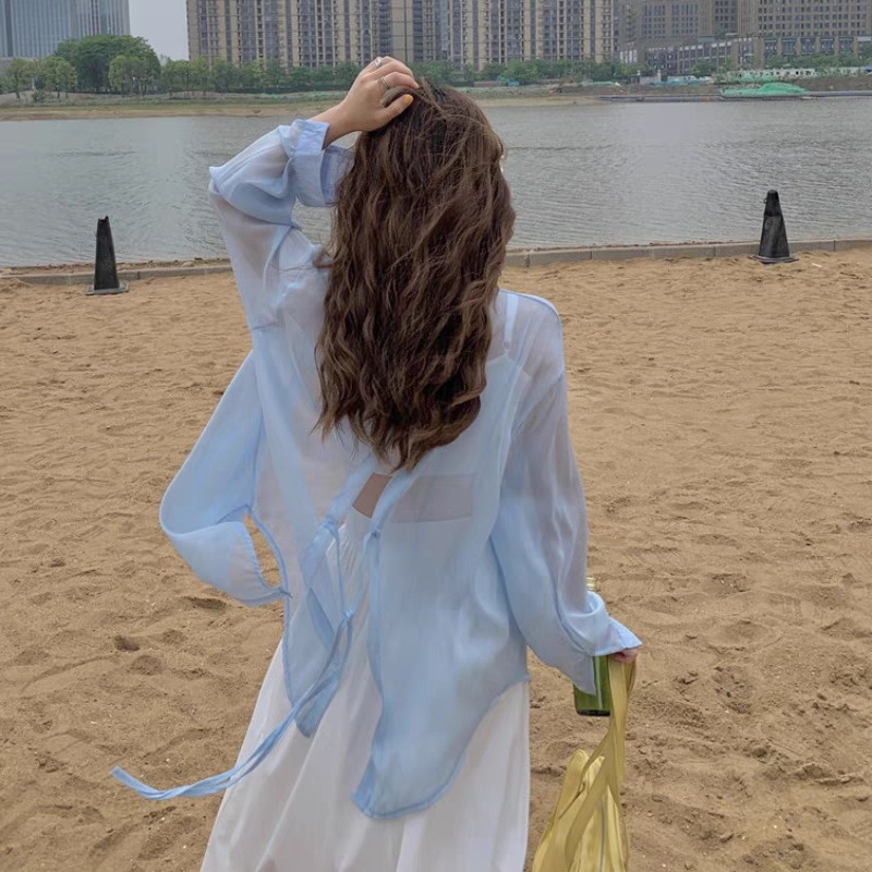 Back slit ice silk chiffon shirt women's summer outer air-conditioned shirt ultra-thin anti-UV breathable sun protection top