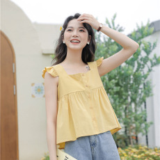 批发实拍2026夏季新款清新甜美百搭小飞袖上衣复古方领纯色衬衣女