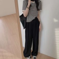 夏季修身短款条纹短袖t恤女小个子针织衫洋气上衣+抖抖裤两件套