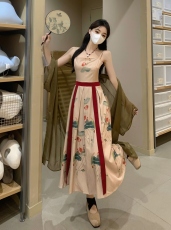 现货 实拍~ 复古国风汉元素禅意系带汉服长款吊带连衣裙+百搭开衫