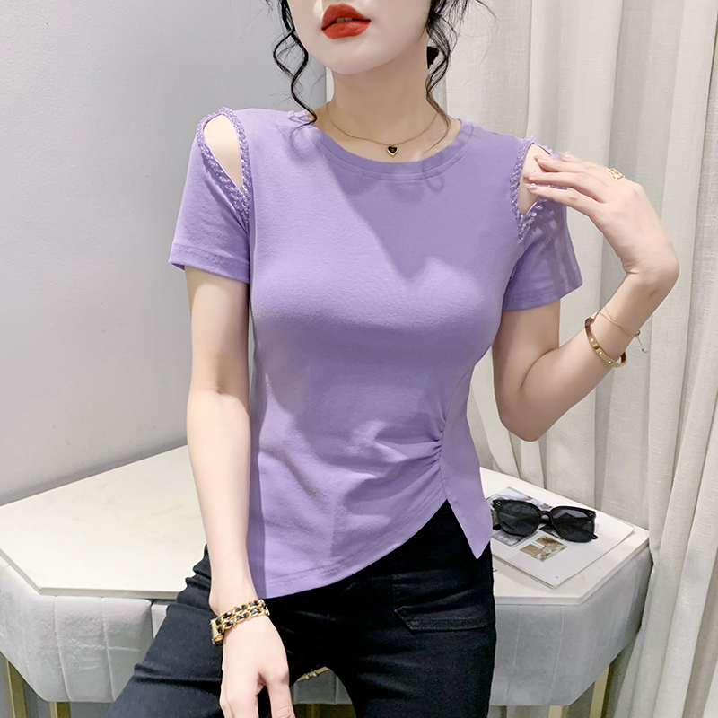 RY2181# 夏季新款弹力纯棉显瘦修身重工钉珠露肩不规则下摆时尚上衣