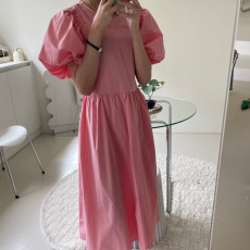 批发出货 chic 夏季新款小众设计感圆领褶皱泡泡袖系带<b class='q'>短袖</b>连衣裙女