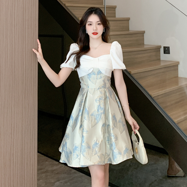 RM11154#泡泡袖法式高级感蝴蝶结提花质感连衣裙A字蓬蓬裙小礼服便装