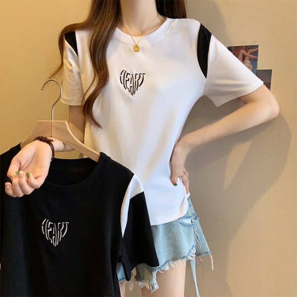 RM11336#大码女装夏季新款设计感撞色拼接显瘦遮肚短袖T恤百搭上衣