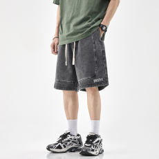 批发实拍夏季新款潮牌牛仔短裤男百搭黑色抽绳宽松大码五分裤男