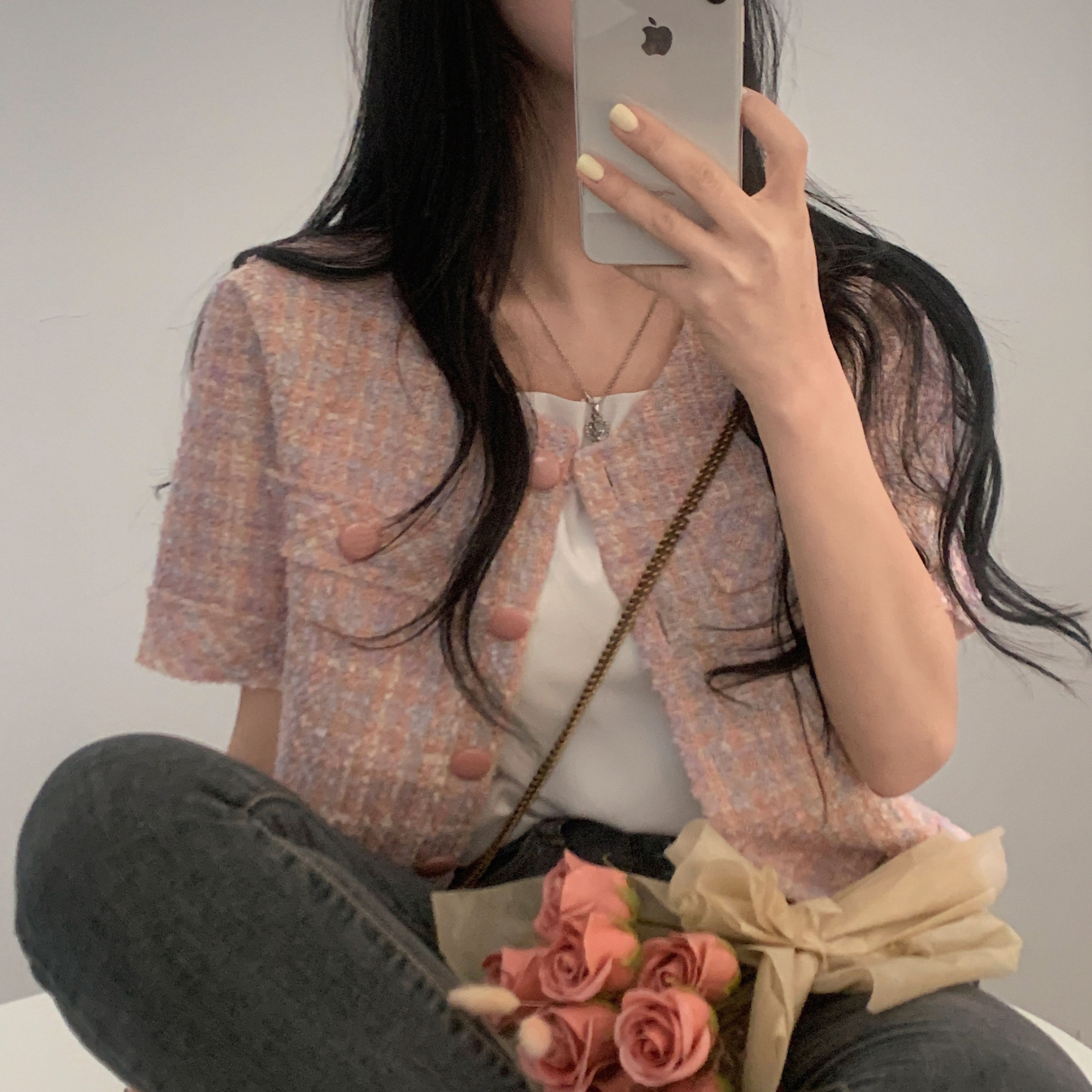 MY10714# chic 夏季法式温柔小香风优雅复古单排扣圆领夹克短袖短...