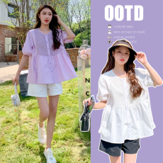 批发实拍新款韩版宽松甜美减龄时尚孕妇娃娃衫+托腹短裤孕妇套装