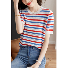 批发实拍◆◆冰丝针织衫圆领短袖彩色条纹女夏季镂空上衣T恤体恤