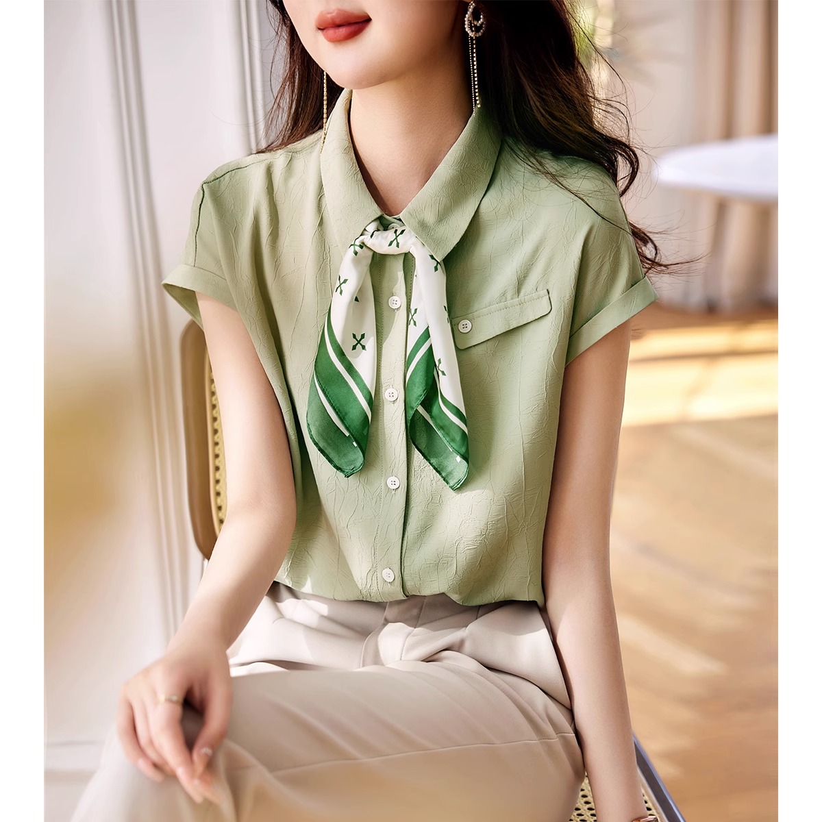 MY1549# 短袖衬衫女夏季新款优雅气质高级感送丝巾知性上衣女裝貨源服裝批發