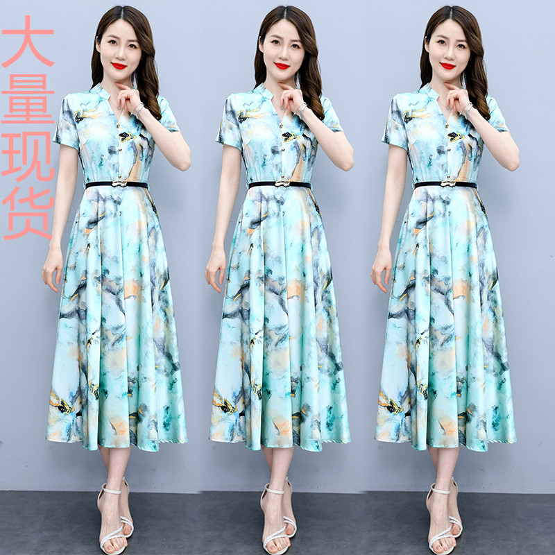 RY7364# 实拍2026夏季新款真丝缎面短袖印花连衣裙显瘦洋气遮肚女装