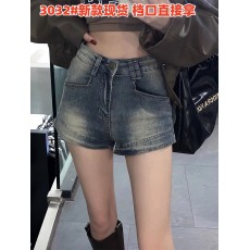 批发只吃鱼的喵喵喵 美式辣妹牛仔短裤女高腰2023年秋季显瘦紧身热裤