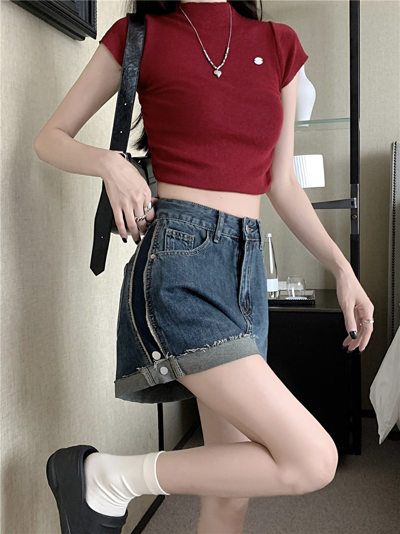 Real shots and real prices~Summer high-waisted loose slimming contrasting color curled denim wide-leg shorts for women