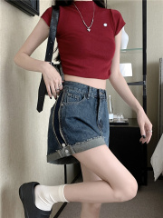 Real shots and real prices~Summer high-waisted loose slimming contrasting color curled denim wide-leg shorts for women