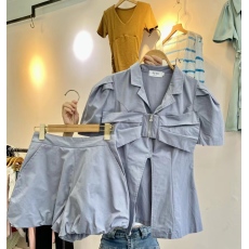 批发2025夏季新款泡泡袖西装领中长款衬衫+高腰显瘦阔腿短裤两件套女