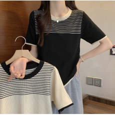 批发条纹拼色圆领冰丝针织衫上衣大码女装2026年夏季新款宽松短袖t恤