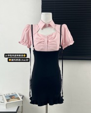 少也眼纯心鲨你 连衣裙2023女新款jk学院风夏季短裙粉色套装甜辣