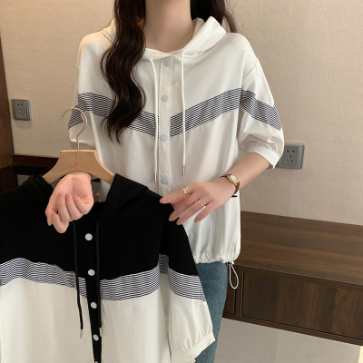 实拍大码女装短袖休闲百搭休闲遮肚显瘦宽松文艺撞色拼接衬衫女