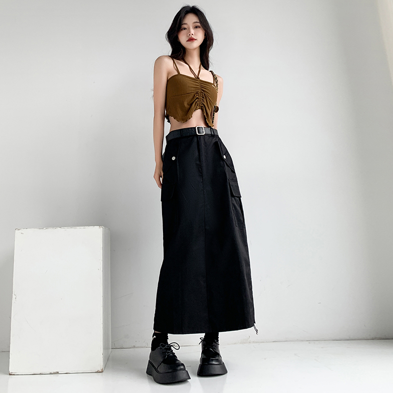 American Retro Three-Dimensional Pocket Workwear Skirt Women's Summer Retro Slim Slit High Waist Loose A-Line Long Skirt