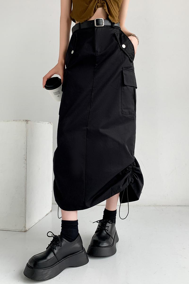 American Retro Three-Dimensional Pocket Workwear Skirt Women's Summer Retro Slim Slit High Waist Loose A-Line Long Skirt