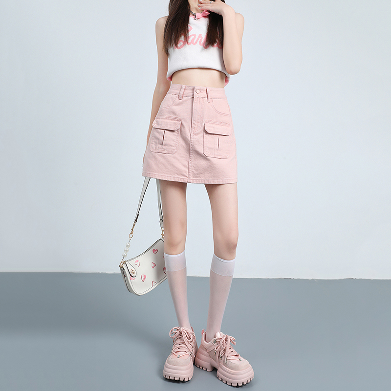 Real shot of American retro A-line high-waisted workwear short skirt, summer high-waisted, versatile, slimming hot girl hip-hugging denim culottes