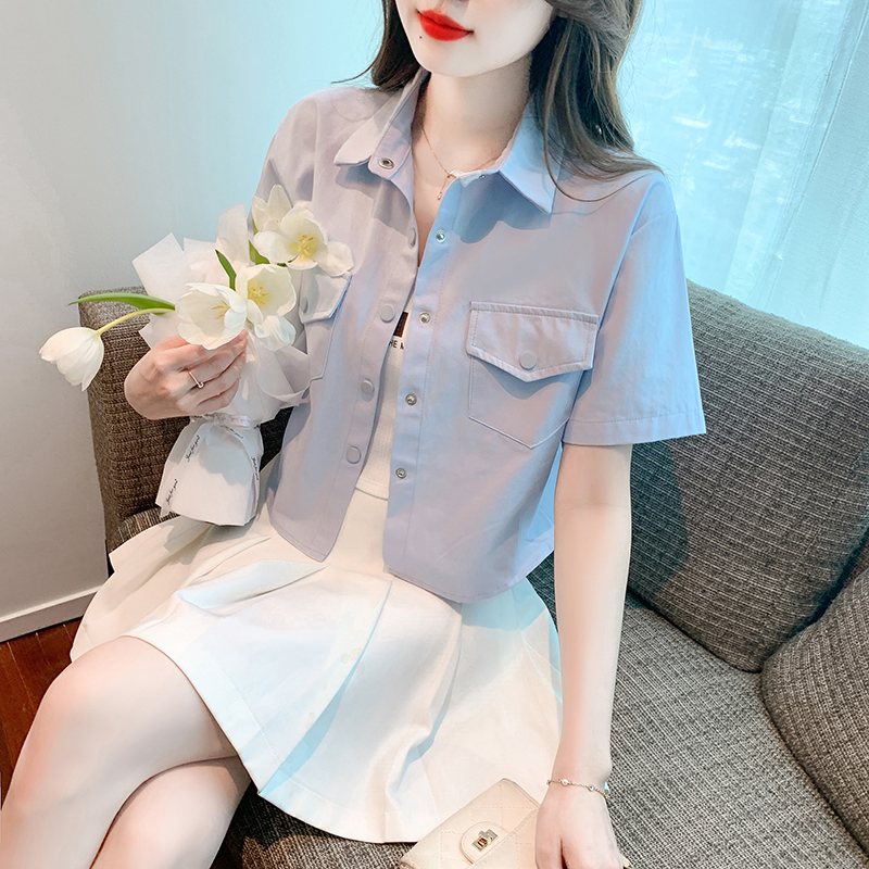 MY1141# 新款韩版小个子翻领单排扣短袖衬衫百搭上衣女女裝貨源服裝批發