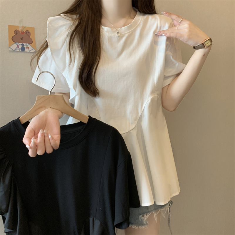 MY9205# 大码女装胖mm夏装荷叶边拼接短袖T桖胖妹妹遮肚减龄上衣女裝貨源服裝批發