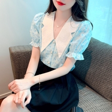 批发<b class='q'>娃娃领</b>泡泡袖碎花雪纺衬衫女士春夏季2026新款上衣设计感小众法式