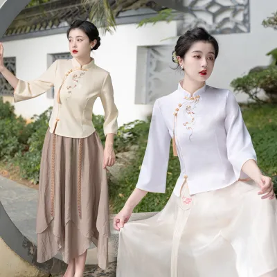 新中式中国风唐装立领绣花改良汉元素修身淑女上衣女装套装送流苏