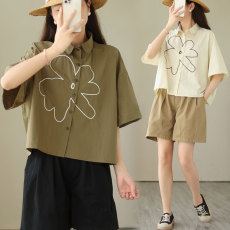 批发2026夏季新款胖mm甜美减龄小众设计感文艺刺绣大码短袖衬衫上衣