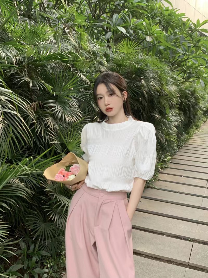 화이트 거품 소매 셔츠 여성 의류 봄 새로운 프랑스식 달콤함 프릴 루즈핏 셔츠 반팔 쇼트 스타일 맨위