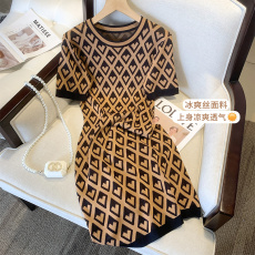 批发实拍 春夏新款修身菱格复古提花冰丝针织连衣裙女收腰<b class='q'>包臀</b>连衣裙