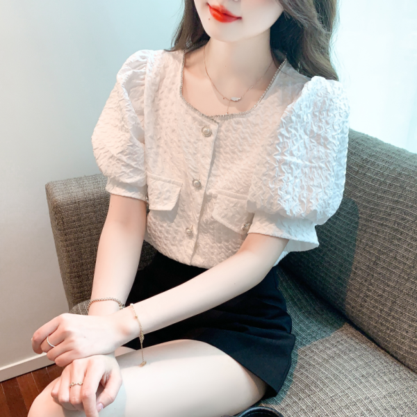 RM10568#夏季新款泡泡袖小香风镶钻雪纺衫衬衫韩版气质短袖小衫