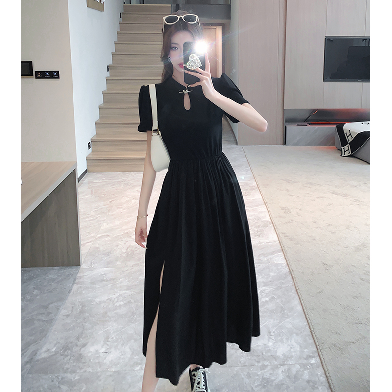 2024夏季新款新中式国风旗袍黑色连衣裙茶歇法式赫本风开叉长裙女