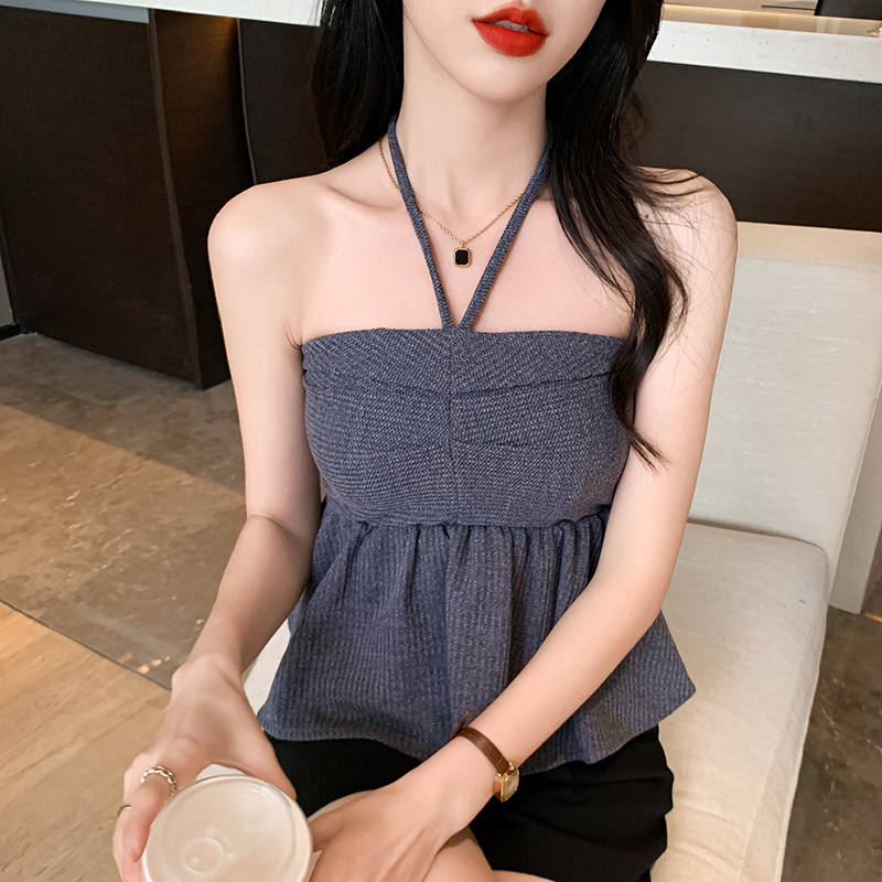 纯色气质抹胸收腰裙摆短款小吊带...