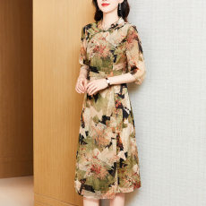 批发实拍<b class='q'>夏</b>季新款中年妈妈装改良旗袍复古盘扣时尚印花修身显瘦