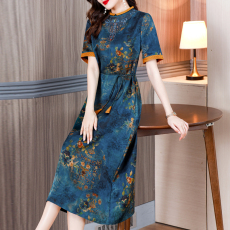 批发实拍<b class='q'>夏</b>季新款中年妈妈装改良旗袍复古盘扣时尚印花修身显瘦