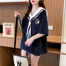 批发官图6535棉2026夏季设计感超火<b class='q'>个性</b>海军领短袖百搭<b class='q'>T</b><b class='q'>恤</b>女