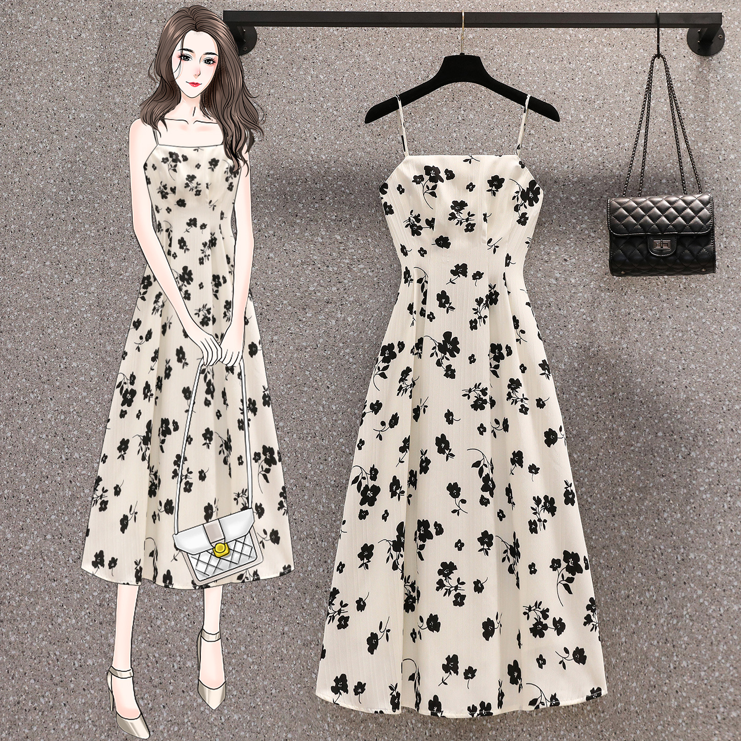 MY14841# 大码胖mm法式碎花吊带连衣裙女夏新款气质收腰显瘦中长裙女...